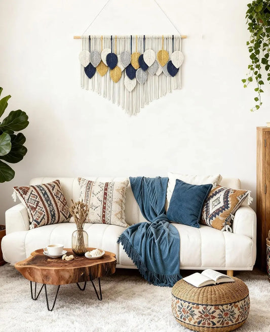 Boho Leaf Tassel Macrame Cotton Tapestry Wall Decor for Living Room, Bedroom or Nursery