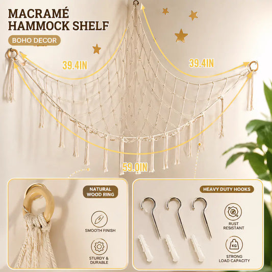 Boho Cotton Macrame Wall Decor - Handmade Texture, Lightweight Hangable Organiser, Multi-Functional Hanging Storage Net for Bedroom & Home Organization
