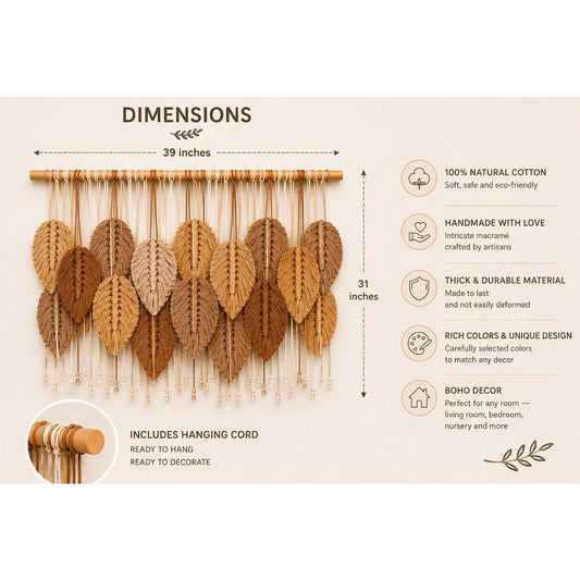 Macrame Wall Hanging Large, Boho Wall Decor, Leaf Macrame Wall Art, Woven Cotton Tapestry for Bedroom Living Room (Beige and Brown) 39" x 31"